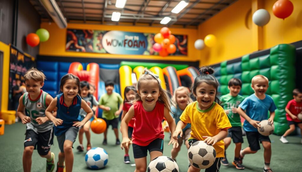 A vibrant, energetic scene of a sports-themed birthday party at Wow Foam, with children engaged in various activities. In the foreground, a group of kids in colorful athletic gear are enthusiastically playing with foam sports equipment, their expressions filled with joy and excitement. In the middle ground, an inflatable obstacle course and a foam ball pit invite further exploration and adventure. The background features bright, primary-colored decorations, with sports-themed banners and balloons adding to the festive atmosphere. Warm, natural lighting from overhead illuminates the scene, creating a lively, welcoming ambiance perfect for a memorable sports-themed birthday celebration.