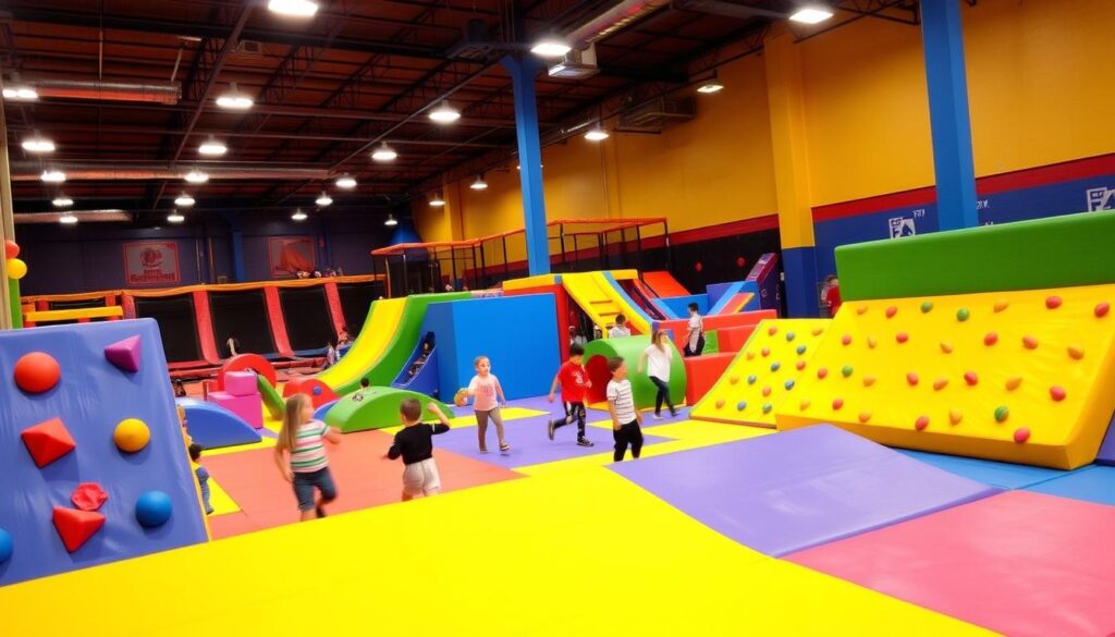 A-vibrant-indoor-adventure-party-venue-with-colorful-foam-structures-and-obstacles.-Children A vibrant indoor adventure party venue with colorful foam structures and obstacles. Children exploring and playing in a large, brightly lit space with diverse recreational activities. Wow Foam's signature soft foam climbing walls, tunnels, and slides in the foreground, with a dynamic background of trampolines, ball pits, and other sports-themed entertainment. Warm, inviting lighting casts a playful glow, capturing the excitement and energy of a kids' birthday celebration.