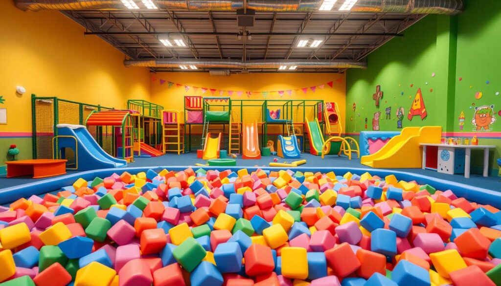 A-vibrant-indoor-play-space-with-a-large-Wow-Foam-ball-pit-taking-center-stage.-Colorful A vibrant indoor play space, with a large Wow Foam ball pit taking center stage. Colorful jungle gym structures, slides, and climbing walls fill the middle ground, providing ample entertainment for energetic kids. The background features a warm, inviting atmosphere with soft lighting, cheerful wall decor, and party-themed accents. A sense of joy and excitement permeates the scene, capturing the essence of a perfect kids' birthday party venue.