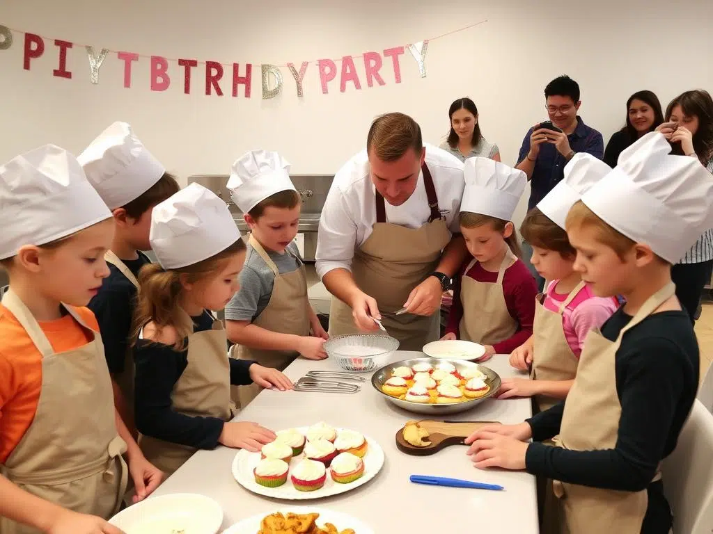 Children-participating-in-a-cooking-class-birthday-party-at-a-culinary-school Children participating in a cooking class birthday party at a culinary school