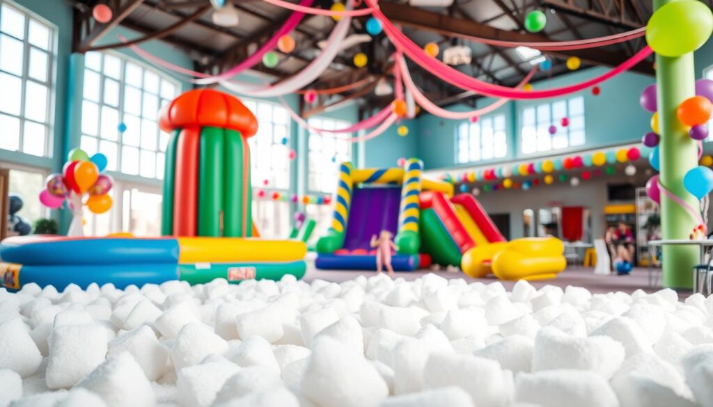 Colorful and whimsical birthday party venue with a unique "Wow Foam" theme. In the foreground, a soft, inviting foam pit where kids can play and explore. Towering inflatable structures in the middle ground, with vibrant colors and patterns. In the background, a high-ceilinged event space with natural lighting streaming in, decorated with balloons, streamers, and other festive elements. The atmosphere is lively, energetic, and full of joy, perfectly suited for a memorable and engaging kids' birthday celebration.