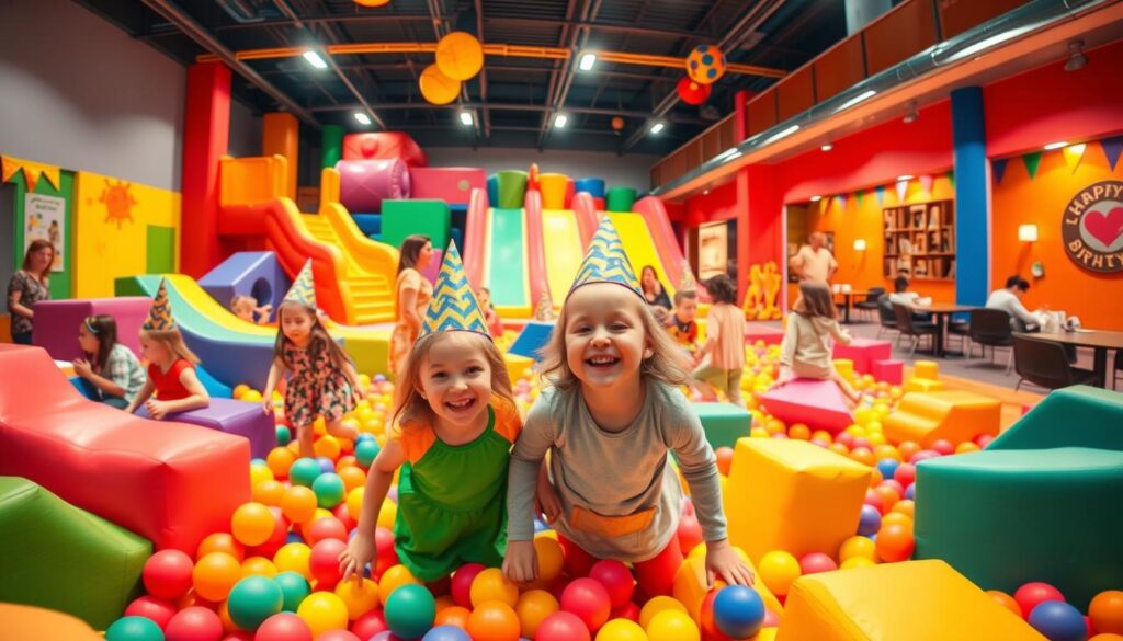Kids birthday party facilities in Canada, featuring the Wow Foam experience. A bright, colorful indoor playground with soft, cushioned foam structures, slides, and ball pits. Cheerful children in party hats and colorful outfits playing and laughing, surrounded by vivid primary colors. Warm, diffused lighting creating a cozy, inviting atmosphere. Wide-angle shot capturing the expansive space, with glimpses of parent seating areas and party-themed decor in the background. A welcoming, family-friendly environment that celebrates the joy of childhood.