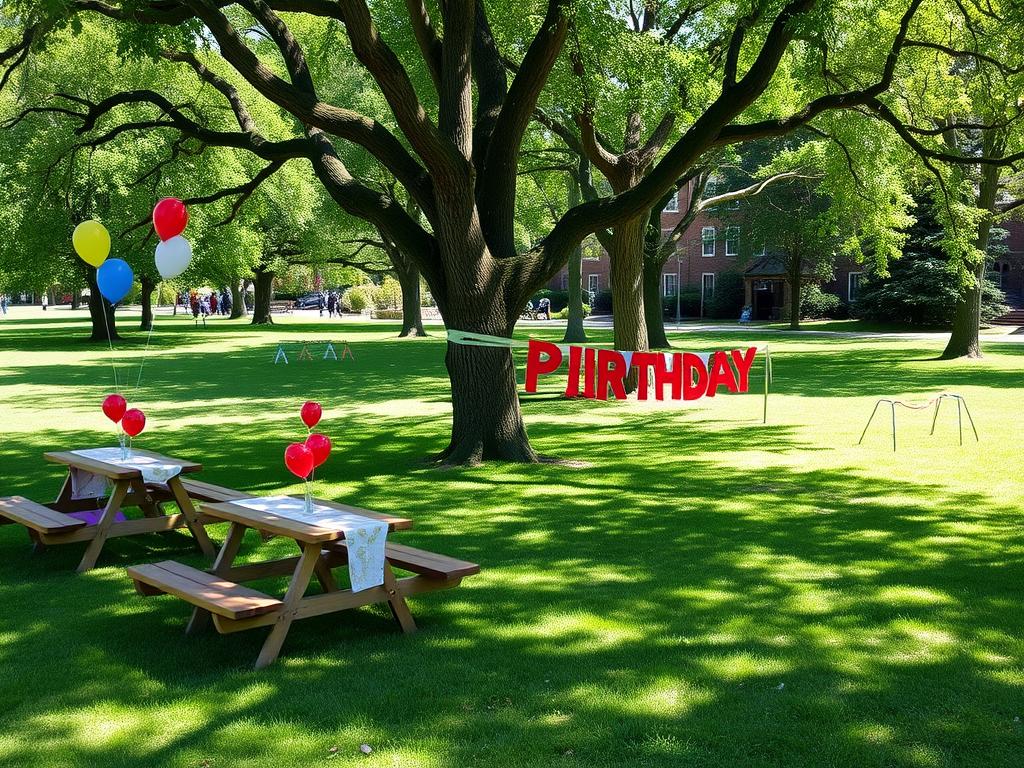 Outdoor park birthday party venue with decorations