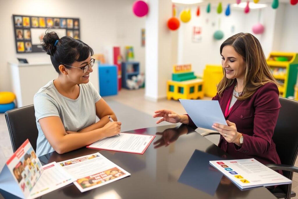 Parent-signing-a-contract-for-a-childrens-birthday-party-venue-with-staff-member Parent signing a contract for a children's birthday party venue with staff member