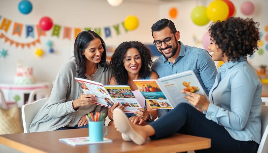 Parents-discussing-childrens-birthday-party-venue-options-with-a-party-planner Parents discussing children's birthday party venue options with a party planner
