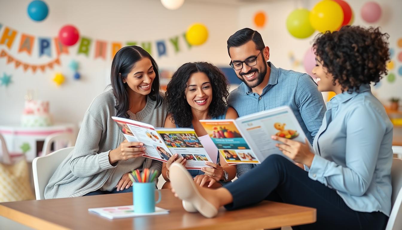 Parents discussing children's birthday party venue options with a party planner