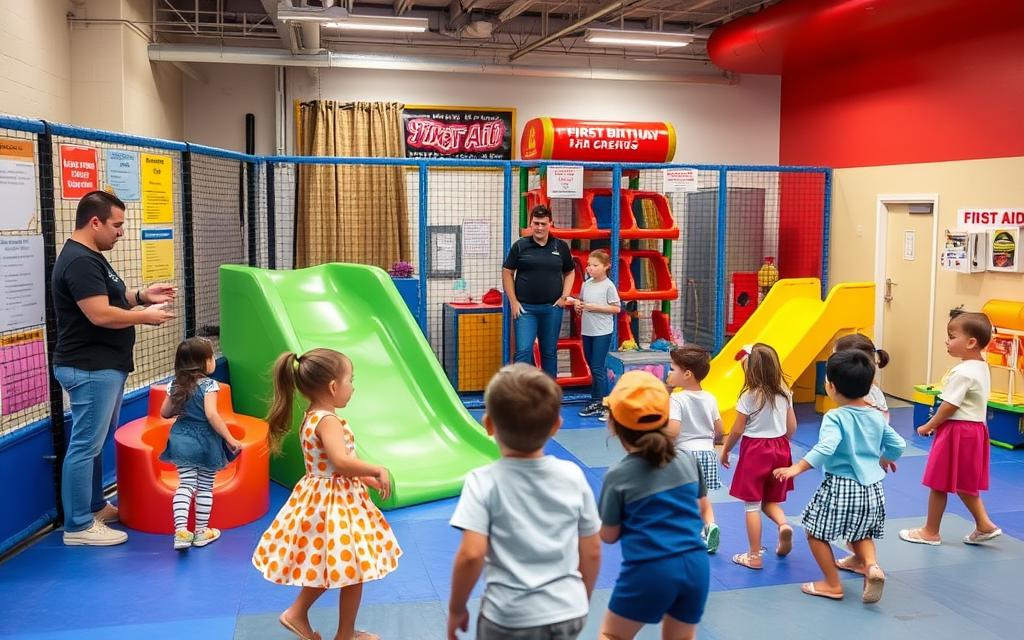 Safety-features-at-a-childrens-birthday-party-venue-with-staff-supervising-activities Safety features at a children's birthday party venue with staff supervising activities