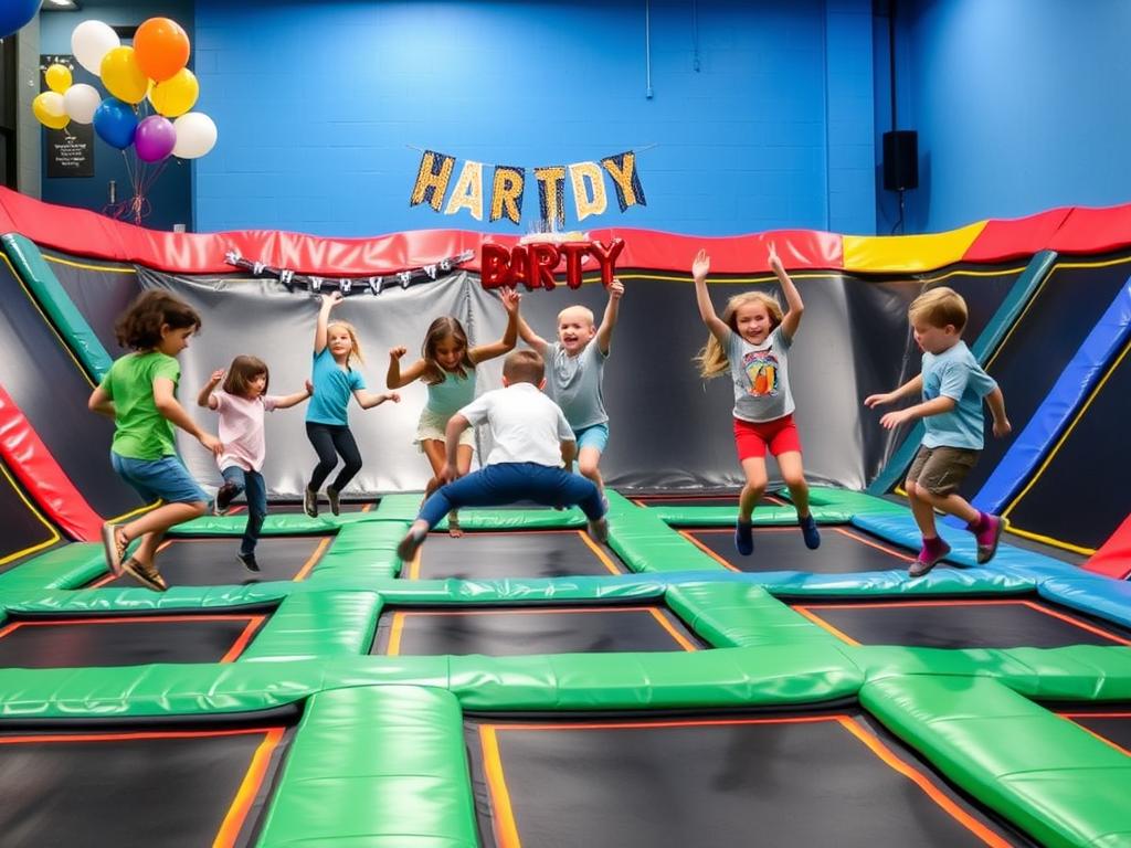 Trampoline park birthday party venue with kids jumping