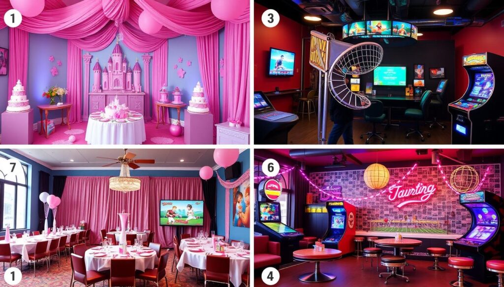 Various themed birthday party venues showing different decorations