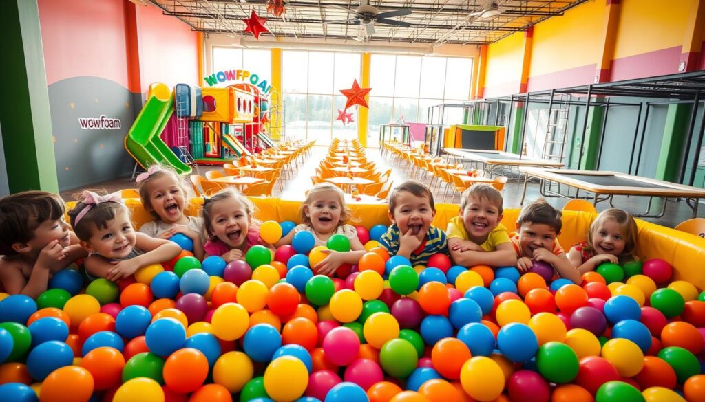 Vibrant-cheerful-scene-of-a-Canadian-kids-birthday-party-venue.-In-the-foreground-a-group-of- Vibrant, cheerful scene of a Canadian kids birthday party venue. In the foreground, a group of excited children playing in a massive ball pit with colorful foam balls, their laughter filling the air. In the middle ground, rows of brightly decorated tables and chairs, ready for a festive celebration, with "Wow Foam" branding visible. The background showcases an indoor play area with slides, climbing structures, and a large trampoline, all bathed in warm, natural lighting streaming through large windows. The overall atmosphere radiates joy, energy, and the quintessential spirit of a Canadian kids' birthday party.