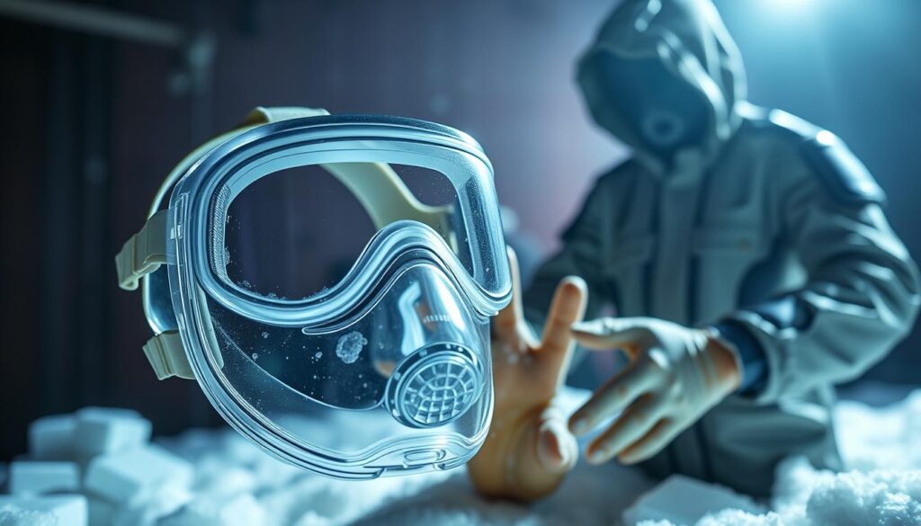 A-brightly-lit-high-resolution-hyper-realistic-image-of-essential-safety-gear-for-a-foam A brightly lit, high-resolution, hyper-realistic image of essential safety gear for a foam party. In the foreground, a sturdy, transparent plastic facemask with a snug, form-fitting seal around the edges. The mask has clear lenses that provide unobstructed vision. In the middle ground, a pair of thick, durable rubber gloves that extend past the wrists, providing full hand and arm protection. In the background, a hooded, waterproof jumpsuit made of a specialized, antimicrobial fabric that repels foam and moisture. The jumpsuit has reinforced kneepads and elbow pads for added safety. The overall scene conveys a sense of preparedness, safety, and attention to detail for a fun, carefree foam party experience.