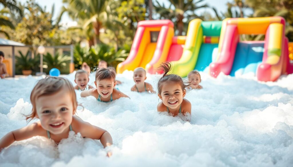 A cheerful, sun-drenched foam party scene. In the foreground, a group of excited children frolicking and splashing in a pool of fluffy, white foam. Their faces brimming with delight as they dive, slide, and play. The middle ground features colorful inflatable obstacles and slides, encouraging a dynamic, engaging experience. In the background, a vibrant, pastel-hued playground setting with lush greenery, providing a lively, inviting atmosphere. Soft, diffused lighting creates a warm, welcoming ambiance, capturing the pure joy and energy of this playful, age-appropriate foam party.