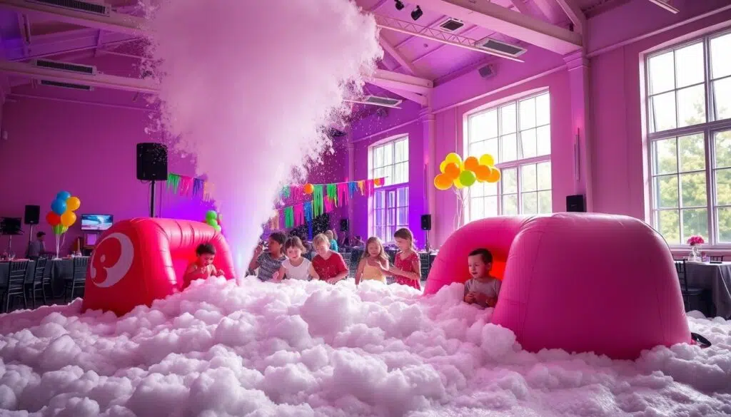 Fête en mousse pour enfants Enfants jouant dans une fête en mousse avec machine à mousse dans une salle intérieure lumineuse