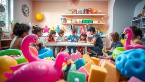 Kids Foam Party Planning Setup Kids foam party planning setup with colorful decor and supplies for a kiddies party package