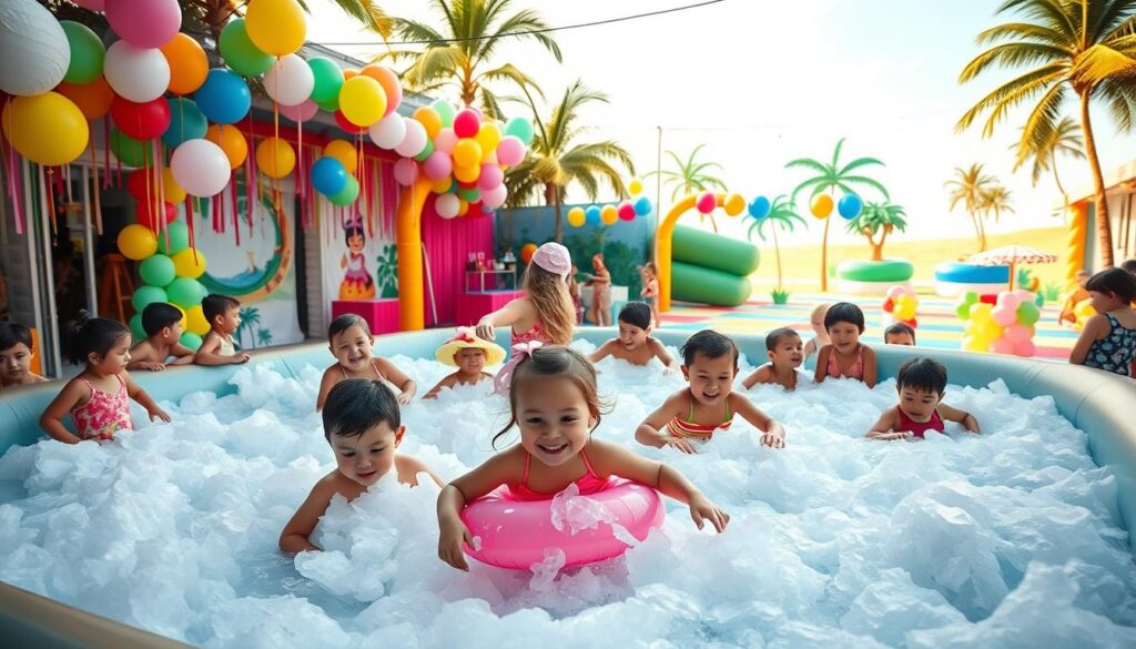 A-lively-kid-friendly-foam-party-scene-in-a-sunny-outdoor-setting.-In-the-foreground A lively, kid-friendly foam party scene in a sunny, outdoor setting. In the foreground, children joyfully splash and play in a large, inflatable foam pit, their colorful swimsuits and floats creating a vibrant, playful atmosphere. The middle ground features a variety of party decor, including oversized, whimsical balloons, streamers, and a festive, brightly colored dance floor. In the background, a cheerful, cartoon-style backdrop depicts a lush, tropical landscape with palm trees and a bright, blue sky. Soft, diffused lighting creates a warm, welcoming ambiance, and the camera angle captures the energy and excitement of the event from a slightly elevated perspective.