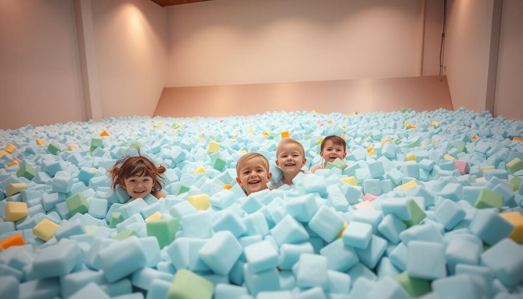 A-serene-well-lit-indoor-space-filled-with-a-soft-billowy-sea-of-colorful-child-safe-foam A serene, well-lit indoor space filled with a soft, billowy sea of colorful, child-safe foam. In the foreground, a group of excited children playfully immersed in the foamy wonderland, their expressions radiating joy and wonder. The middle ground features a padded, safety-conscious environment with gentle sloping walls, encouraging safe exploration. In the background, subtle lighting creates a warm, inviting atmosphere, while discreet safety equipment ensures a secure setting for the children's foam-filled adventures.