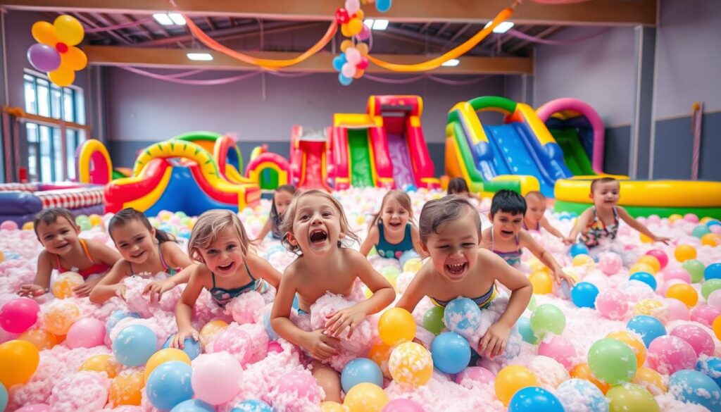 A-vibrant-affordable-foam-party-for-kids-set-in-a-brightly-lit-indoor-play-space.-The A vibrant, affordable foam party for kids, set in a brightly lit indoor play space. The foreground features a group of enthusiastic children frolicking through a sea of colorful, buoyant foam bubbles, their laughter and joy palpable. The middle ground showcases a variety of inflatable obstacles and slides, creating a dynamic, engaging environment. In the background, the space is adorned with playful, kid-friendly decor, including balloon arches and streamers, all bathed in a warm, inviting lighting that captures the celebratory atmosphere. The overall scene exudes a sense of unbridled fun and excitement, perfectly capturing the essential elements of a successful foam party for young celebrants.