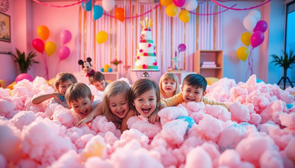 A-vibrant-childrens-birthday-party-unfolds-with-a-colorful-foam-filled-wonderland-as-the A vibrant children's birthday party unfolds, with a colorful foam-filled wonderland as the centerpiece. In the foreground, a group of excited kids playfully dive and splash through the soft, billowing foam, their laughter and joy palpable. The middle ground showcases a stylish, modern party setup, complete with colorful balloons, streamers, and a towering, whimsical cake. In the background, the scene is bathed in warm, soft lighting, creating a cozy and inviting atmosphere. The overall mood is one of pure, unbridled excitement and celebration, perfect for a memorable kids' birthday bash.