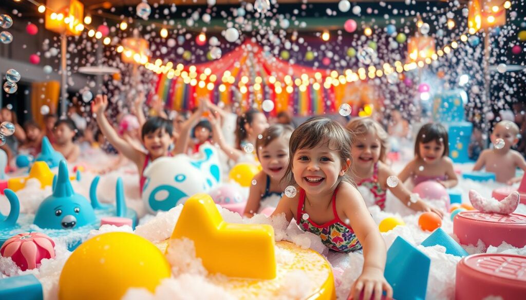 A vibrant children's foam party, overflowing with colorful bubbles and playful foam sculptures. In the foreground, a group of joyful kids splash and dance, their faces lit by soft, warm lighting. The middle ground features whimsical foam-based designs, such as sea creatures, geometric shapes, and bouncy platforms. In the background, a kaleidoscope of vibrant colors and patterns create a playful, carnival-like atmosphere, complemented by the gentle glow of string lights. The scene is captured with a wide-angle lens, conveying a sense of immersion and excitement, perfect for a memorable foam party experience.