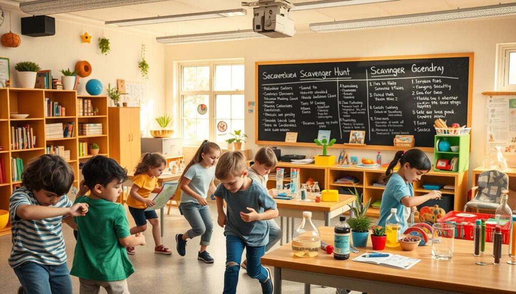 A-vibrant-light-filled-classroom-bursting-with-playful-exploration.-In-the-foreground-a-group A vibrant, light-filled classroom bursting with playful exploration. In the foreground, a group of students scurry about, searching for hidden clues and treasures in nooks and crannies. Curiosity etched on their faces, they pore over maps and riddles, working together to uncover the next exciting discovery. The middle ground is a lively tableau of colorful educational materials, science experiments, and hands-on learning stations, all inviting further investigation. In the background, a large chalkboard displays a scavenger hunt-themed agenda, the classroom's windows letting in warm, natural light that casts a joyful glow over the inquisitive scene. An atmosphere of wonder, collaboration, and a thirst for knowledge permeates the space.