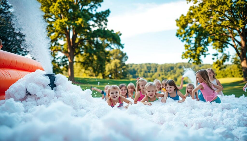 A-vibrant-outdoor-scene-of-a-childrens-foam-party-rental-setup.-In-the-foreground-a-large A vibrant outdoor scene of a children's foam party rental setup. In the foreground, a large inflatable foam machine sprays a steady stream of colorful, dense foam, creating a playful, bubbly environment. In the middle ground, a group of excited children, ranging in age from 5 to 12, are frolicking and diving into the foam, their expressions filled with delight. The background features a lush, verdant landscape with towering trees and a clear, azure sky, setting a serene, natural backdrop. The lighting is warm and diffused, creating a welcoming, inviting atmosphere. The camera angle is slightly elevated, capturing the dynamic, age-appropriate activities and the overall sense of carefree enjoyment.