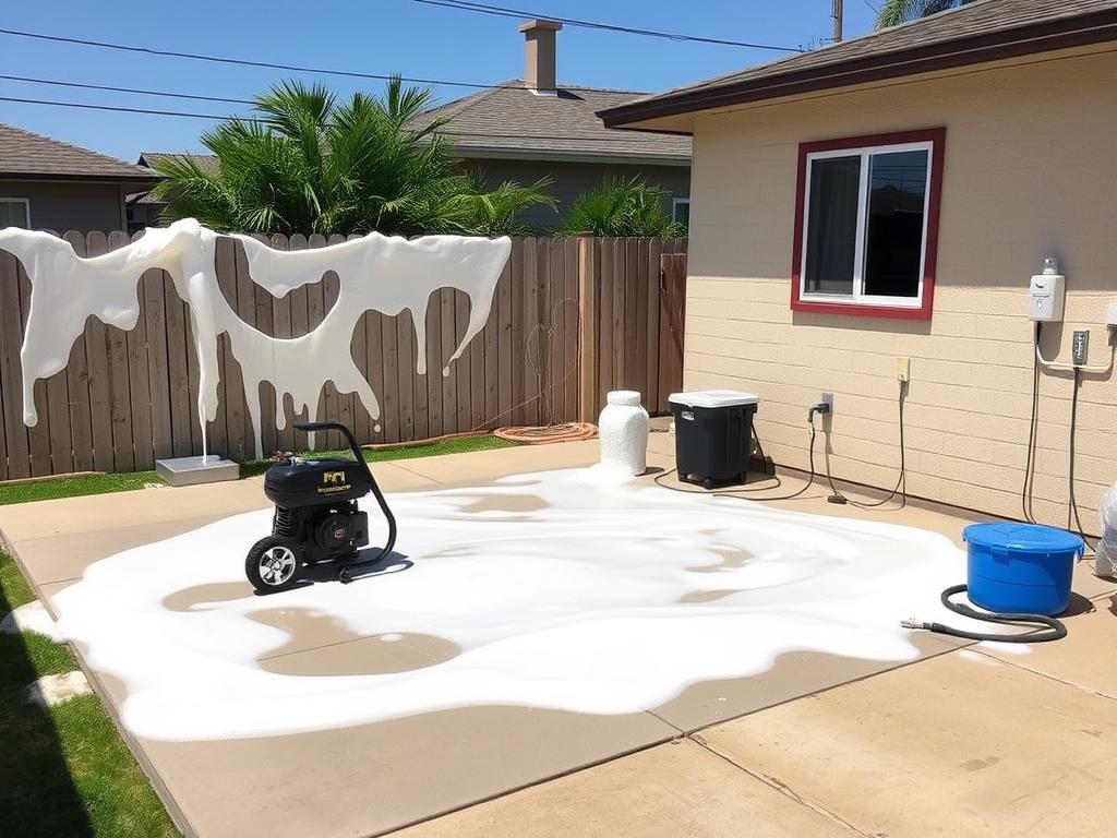 Backyard-foam-party-setup-with-foam-machine-and-defined-party-area Backyard foam party setup with foam machine and defined party area
