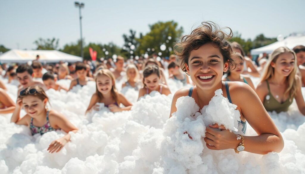 People enjoying a foam party with mountains of bubbles surrounding them