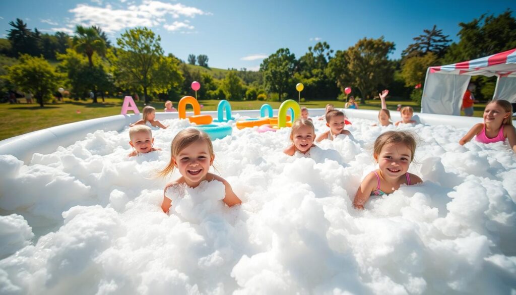 Fête en mousse pour enfants Enfants jouant dans une fête en mousse avec une mousse abondante, ambiance ludique et sécurisée