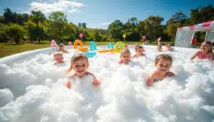 Fête en mousse pour enfants Enfants jouant dans une fête en mousse avec une mousse abondante, ambiance ludique et sécurisée