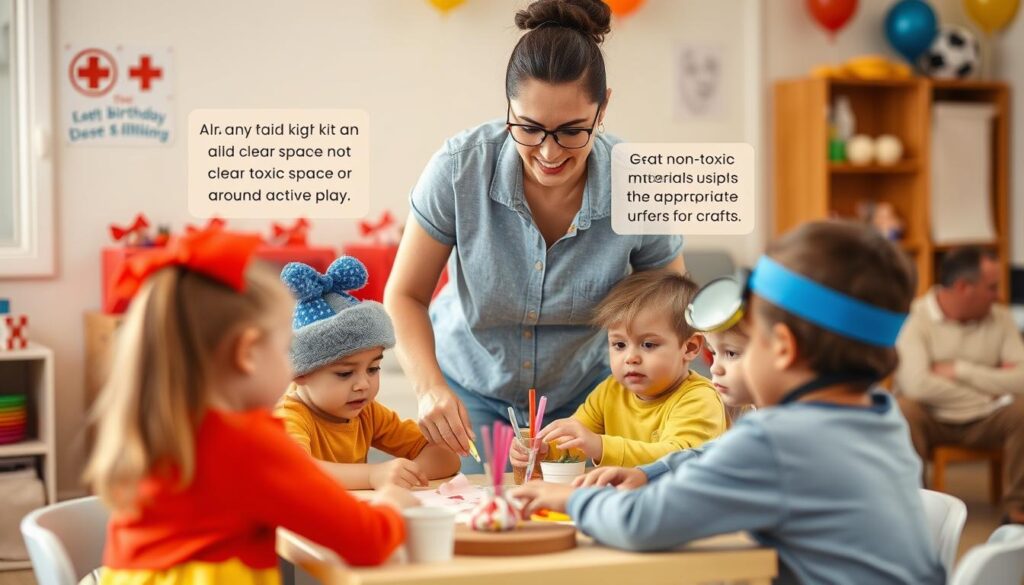Adult supervising children during a birthday party activity with safety measures visible