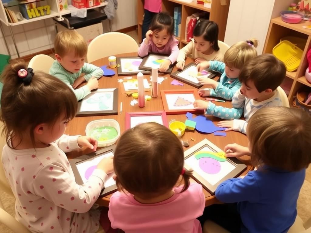 Children ages 4-6 participating in a simple craft activity at a birthday party