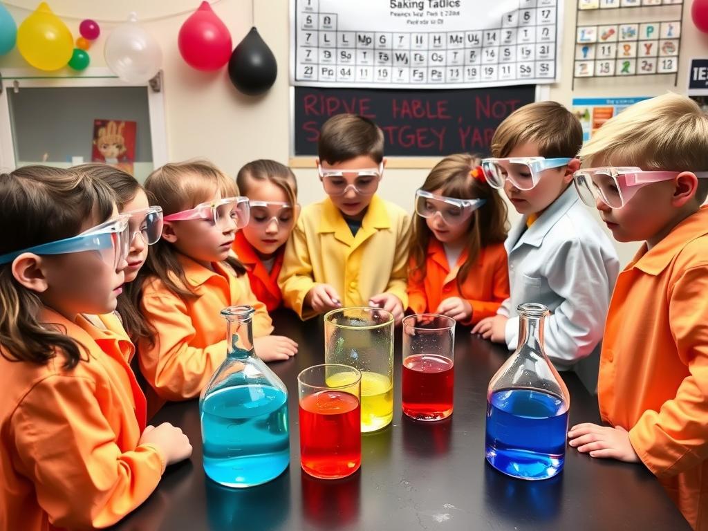 Children conducting safe science experiments at a science-themed birthday party
