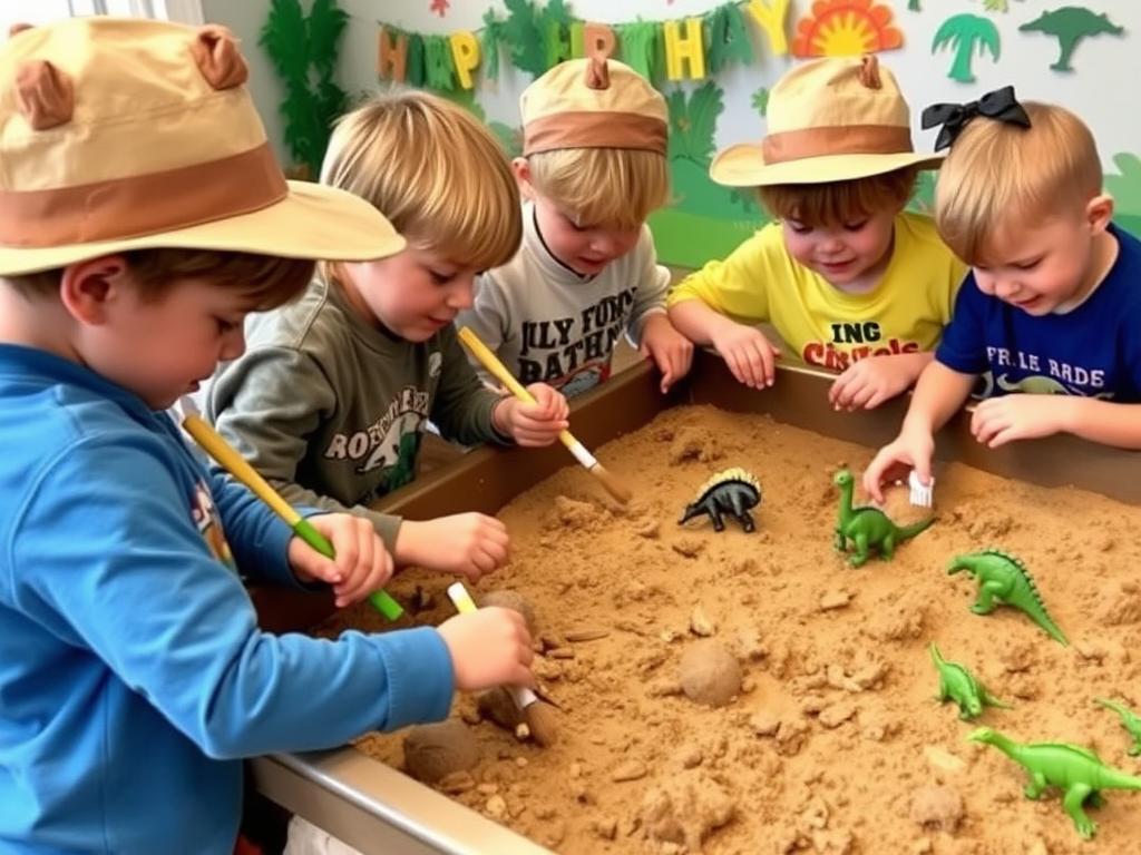 Children excavating dinosaur fossils in a sandbox at a dinosaur-themed party