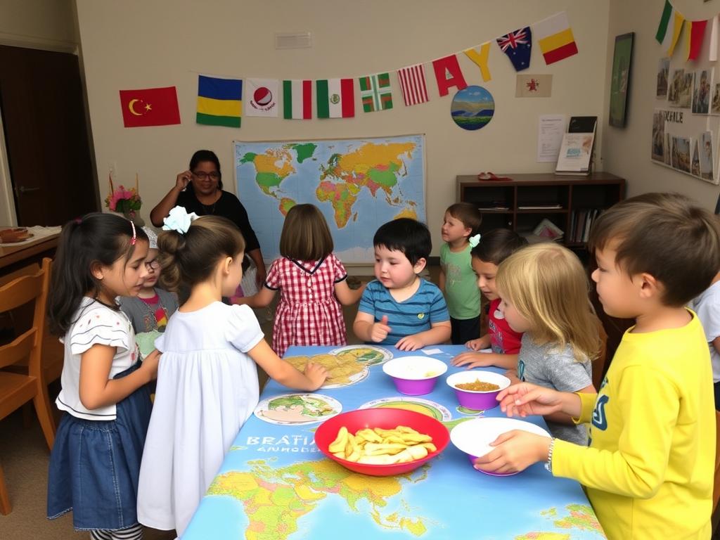 Children exploring different cultural stations at a world-themed birthday party