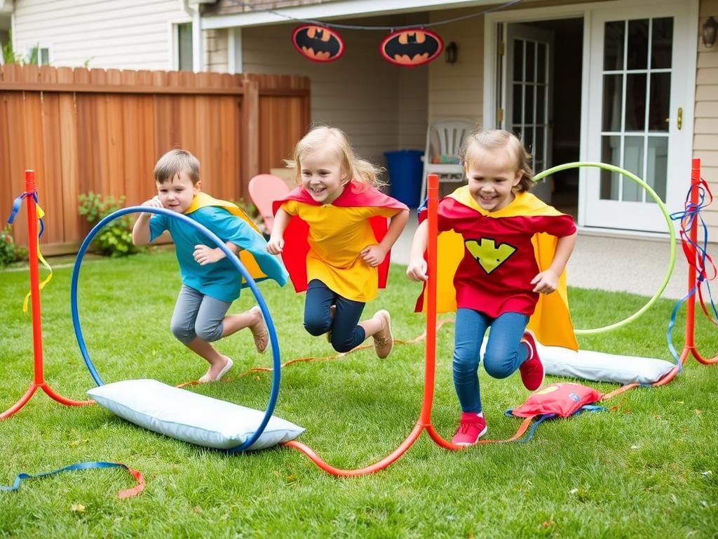 Children in superhero capes completing obstacle course challenges at a superhero party
