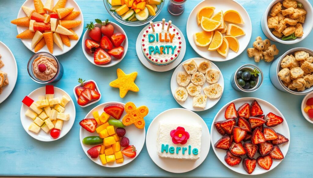 Colorful and creative food spread for a children's birthday party