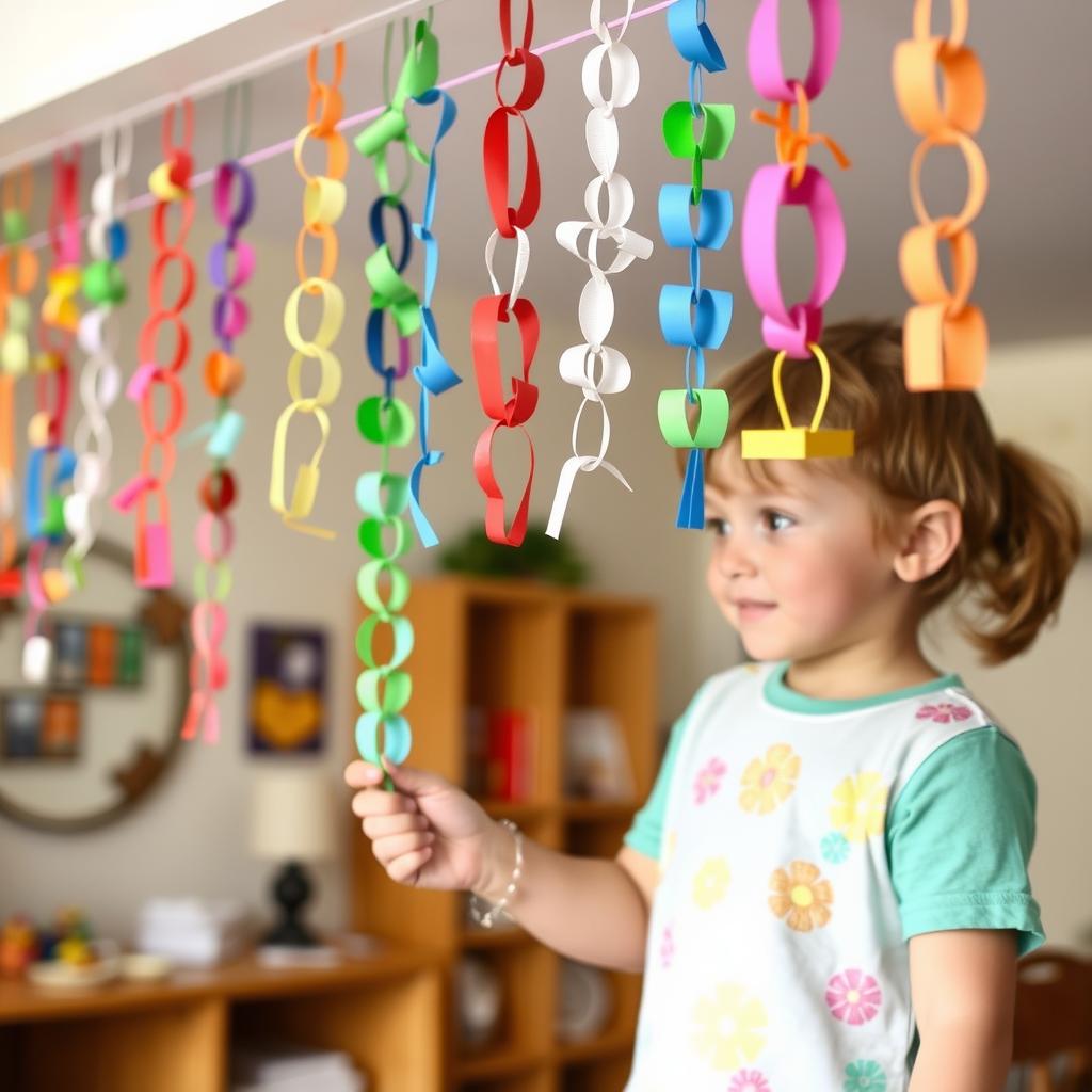 Colorful paper chain decorations made from construction paper for a birthday party