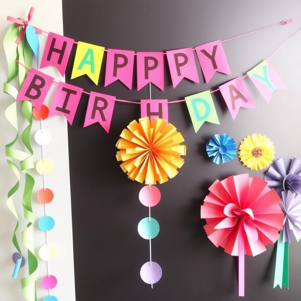 Colorful paper decorations including banners and garlands for a children's party