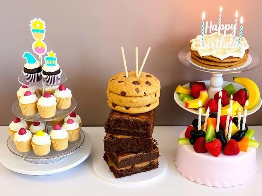 Creative birthday cake alternatives including cupcake tower and cookie cake