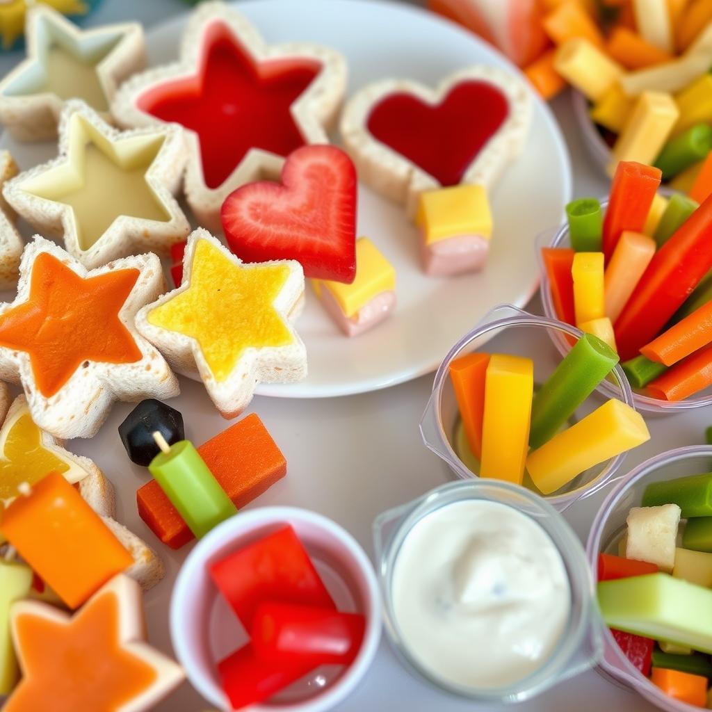 Creative finger foods arranged in fun shapes for a children's birthday party