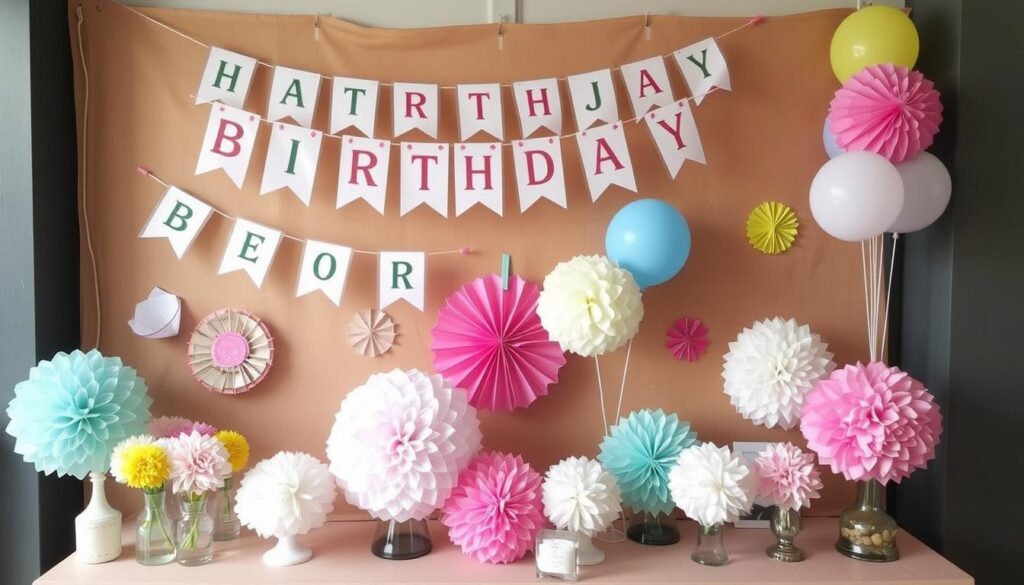 Handmade birthday party decorations including banners, centerpieces, and wall decorations