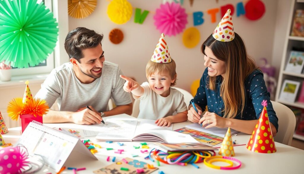 Parent and child planning a birthday party together with colorful decorations and party supplies