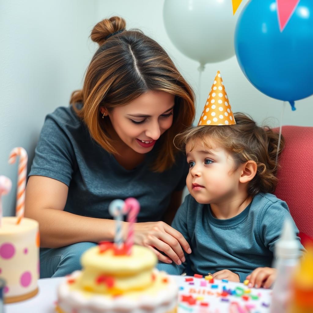 Parent comforting an overwhelmed child at a birthday party in a quiet corner