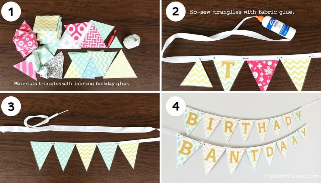 Step-by-step process of creating a no-sew fabric birthday banner