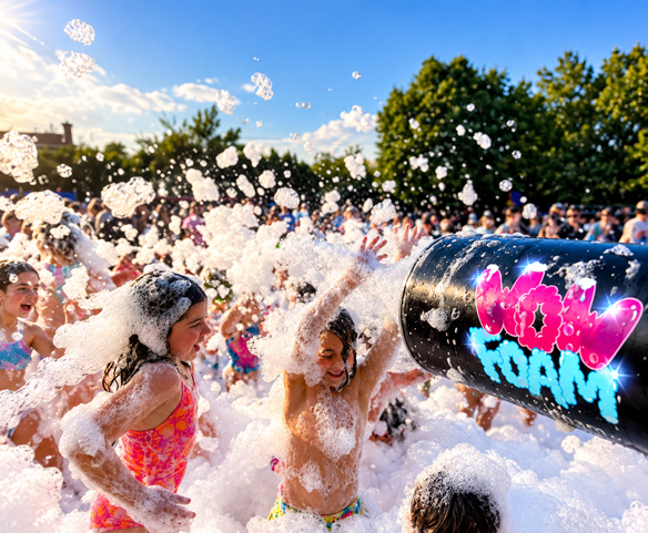 Enfants participant à une fête en mousse à l’école avec canon à mousse