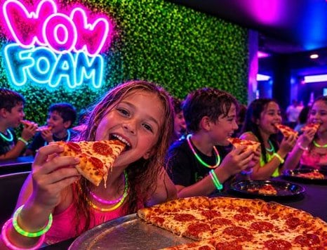 Promotions 3 Promotions Enfants qui mangent de la pizza pepperoni lors d’une fête Wow Foam