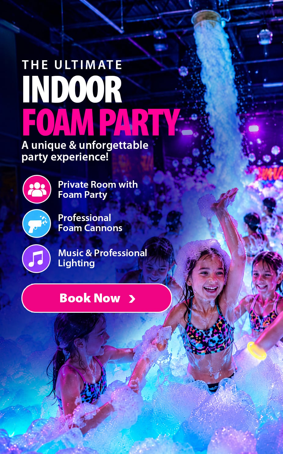 WowFoam Laval: the ultimate indoor foam party — private room with foam party, professional foam cannons, music and lighting. Book now.